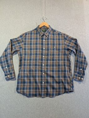 Orvis Classic Fit Plaid Button Shirt Men's XL Blue Tan Wrinkle Free